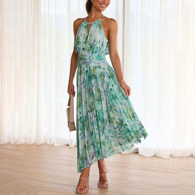 Floral Halter Maxi Dress for Women with Keyhole Neck and Pleated Skirt in Green Floral, front view