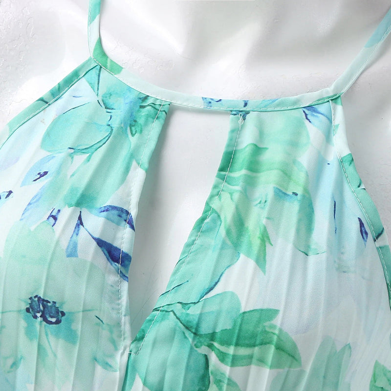 Floral Halter Maxi Dress for Women with Keyhole Neck and Pleated Skirt in Green Floral, keyhole neckline close-up