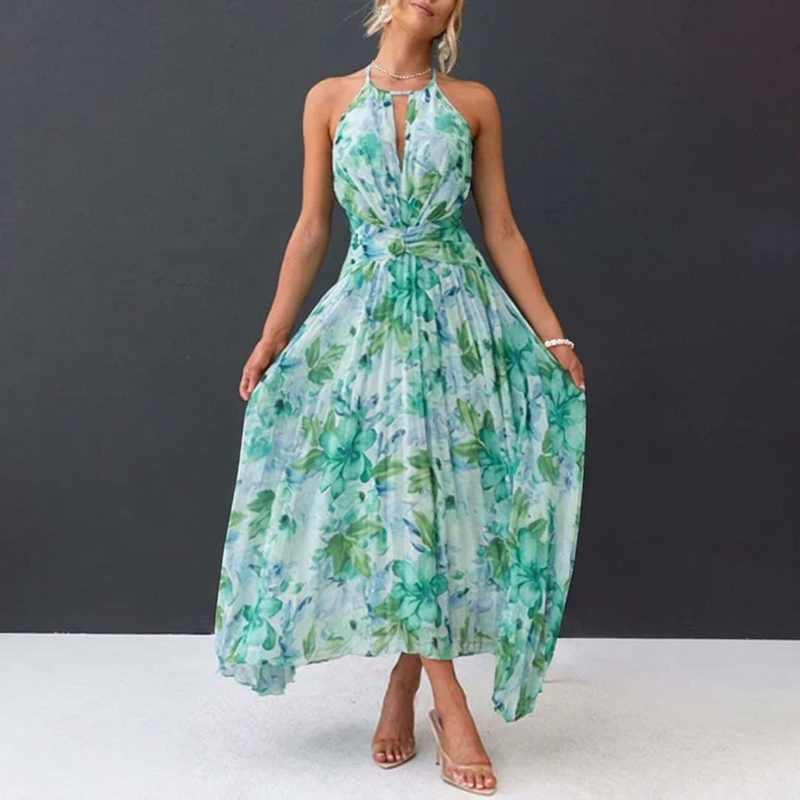 Floral Halter Maxi Dress for Women with Keyhole Neck and Pleated Skirt in Green Floral, styled front view