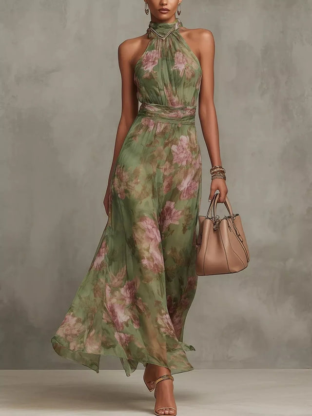 Floral Maxi Dress for Women with Halter Neck and Ruched Waistband in Green, front view