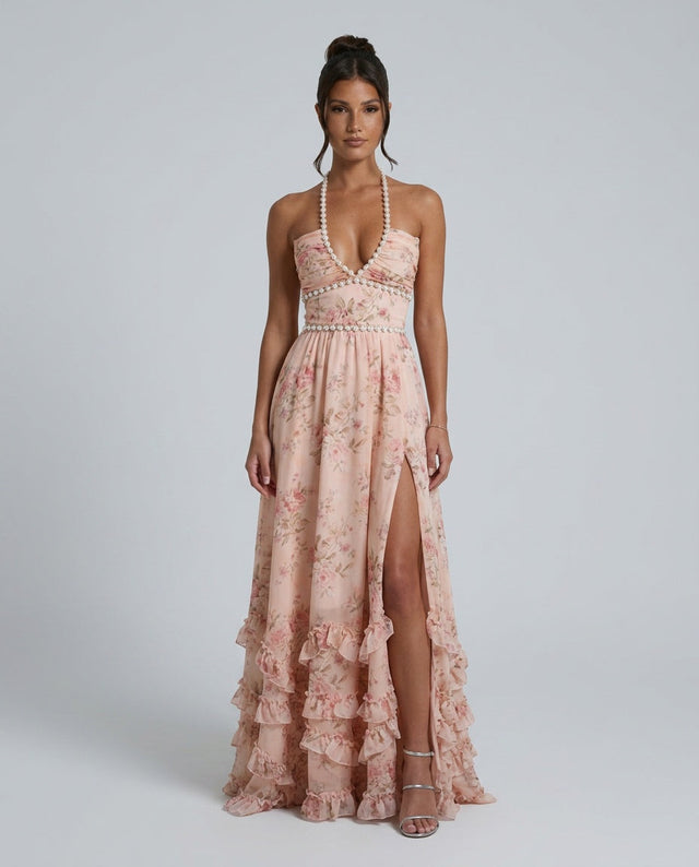 Floral Halter Maxi Dress for Women with Ruffle Hem and Thigh Split in Pink, front view