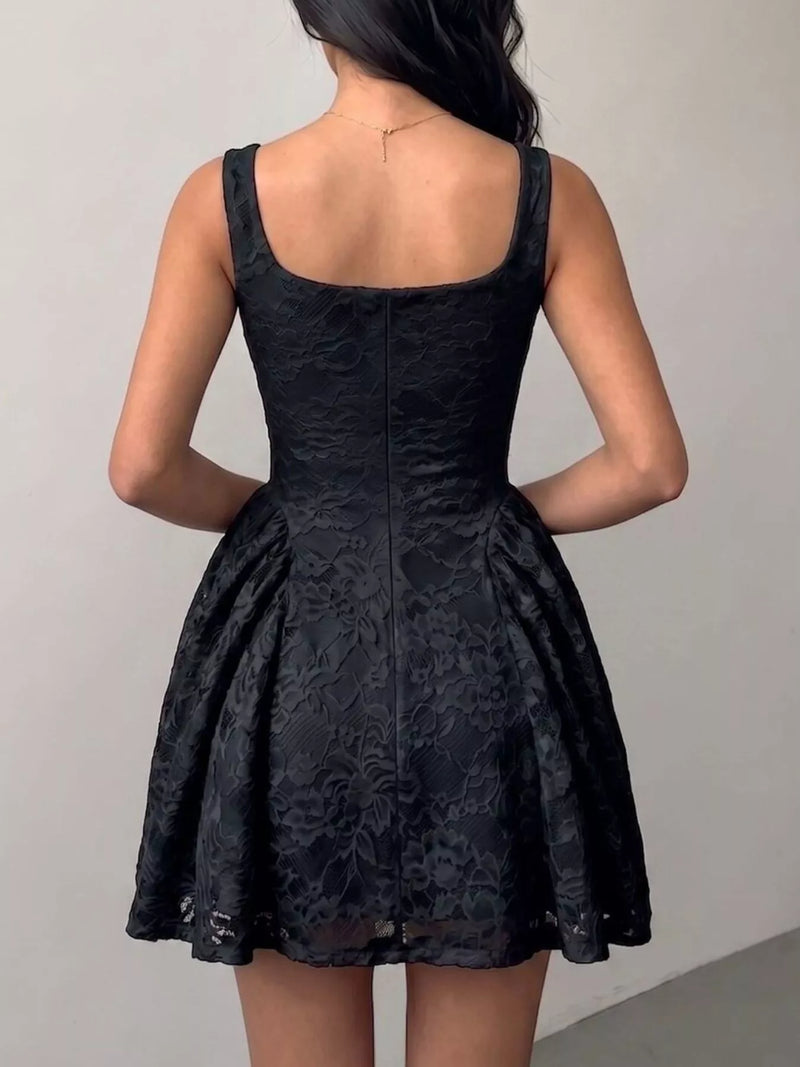 Floral Lace Mini Dress for Women with Square Neck and Full Skirt in Black, back view