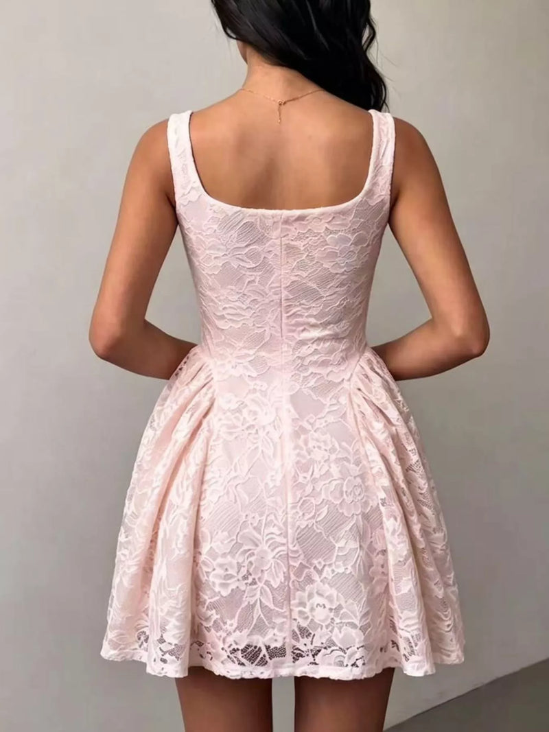 Floral Lace Mini Dress for Women with Square Neck and Full Skirt in Pink, back view