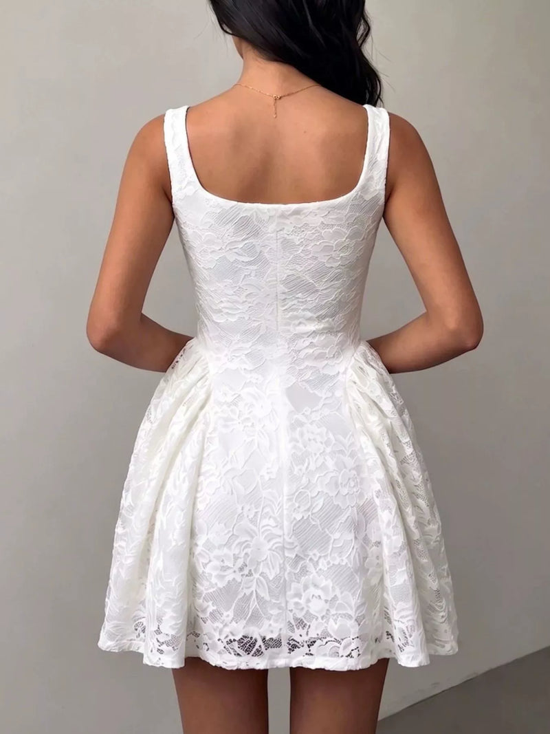 Floral Lace Mini Dress for Women with Square Neck and Full Skirt in White, back view