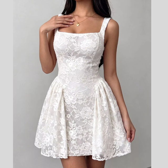 Floral Lace Mini Dress for Women with Square Neck and Full Skirt in White, front view