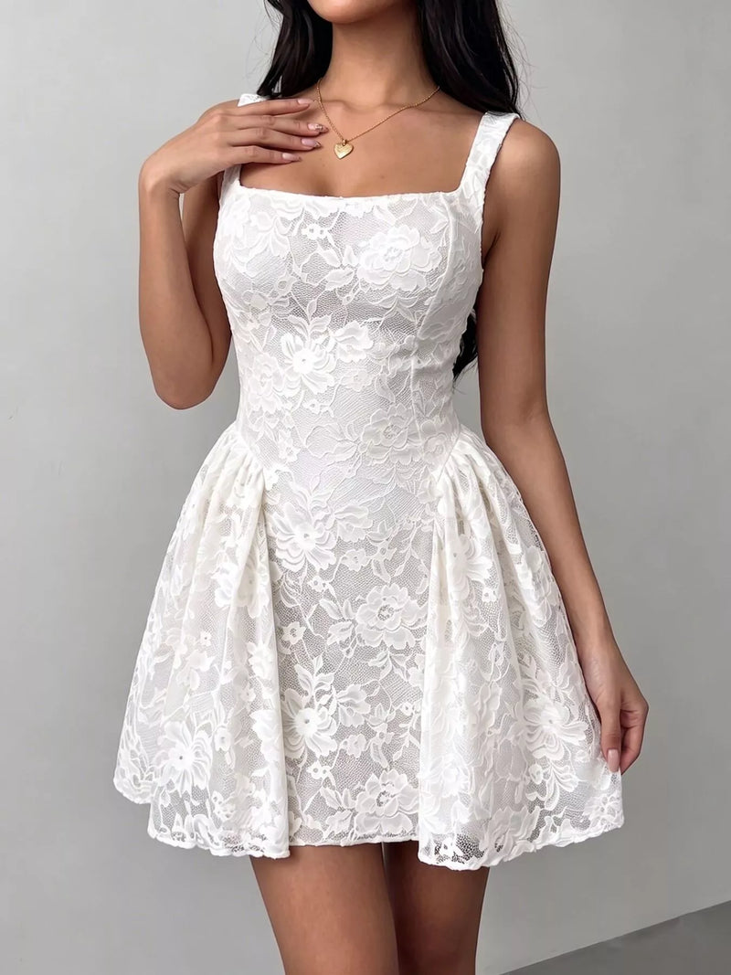 Floral Lace Mini Dress for Women with Square Neck and Full Skirt in White, full front view