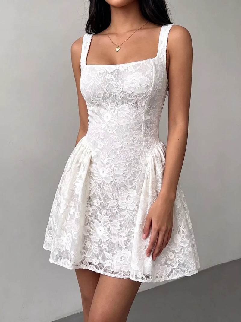 Floral Lace Mini Dress for Women with Square Neck and Full Skirt in White, three-quarter view