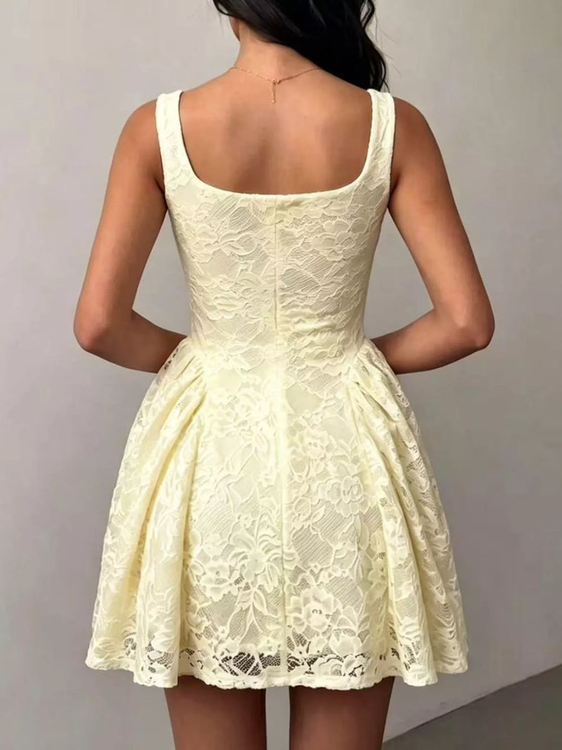 Floral Lace Mini Dress for Women with Square Neck and Full Skirt in Yellow, back view