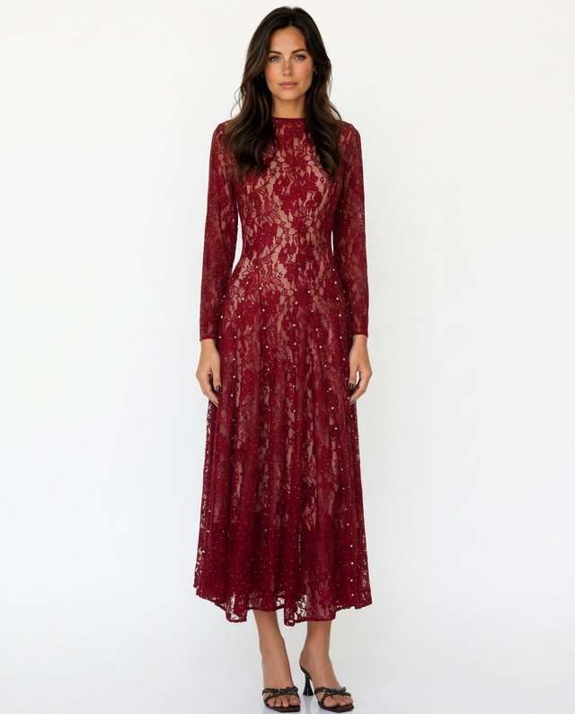 Floral Lace Maxi Dress for Women with Sheer Long Sleeves and A-Line Skirt in Red, front view