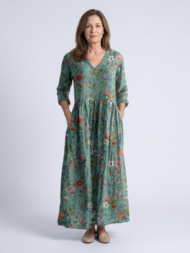 Floral Maxi Dress for Women with Three Quarter Sleeves and Pockets in Green, front view