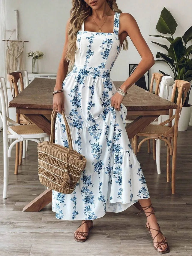 Floral Maxi Sundress for Women with Bow Tie Back and Square Neck in Blue Floral, front view