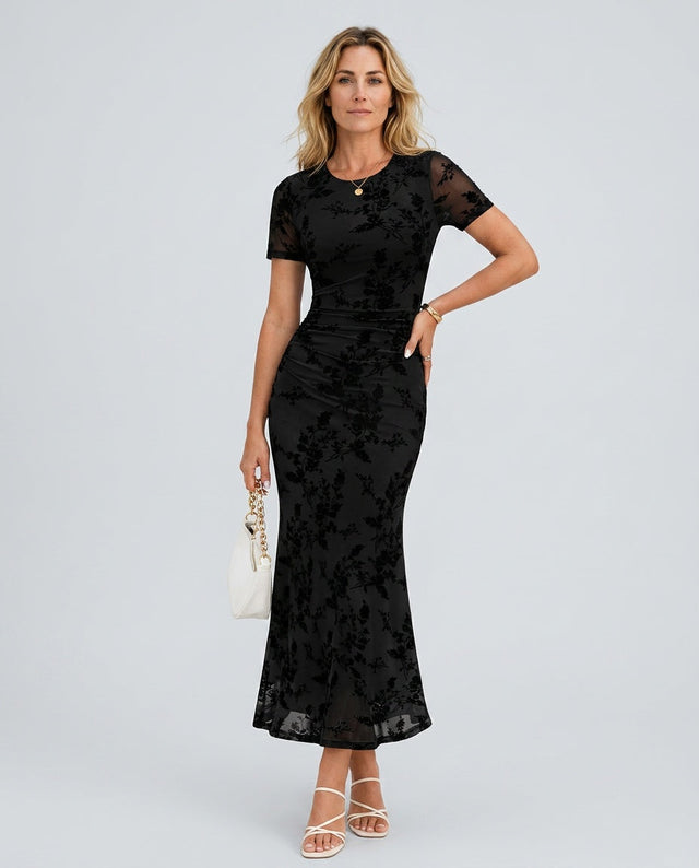 Floral Mesh Maxi Dress for Women with Short Sleeves and Mermaid Hem in Black, front view