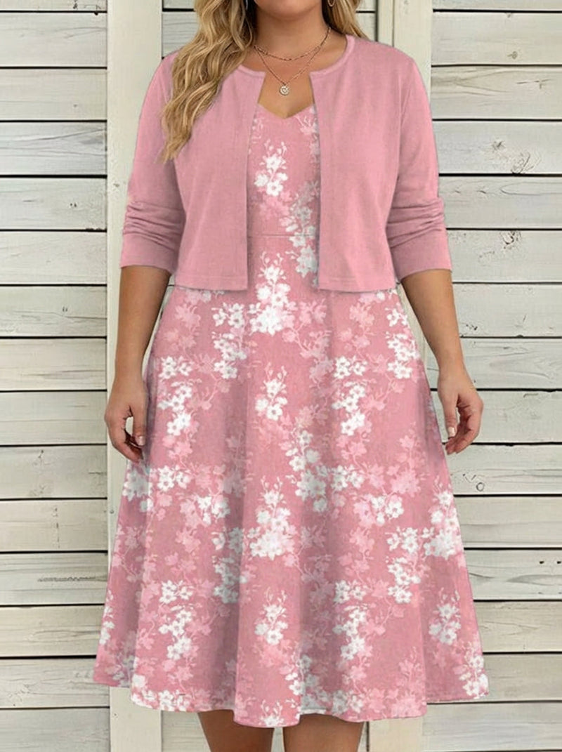 Floral Midi Dress for Women with Matching Cropped Jacket in Pink, front view