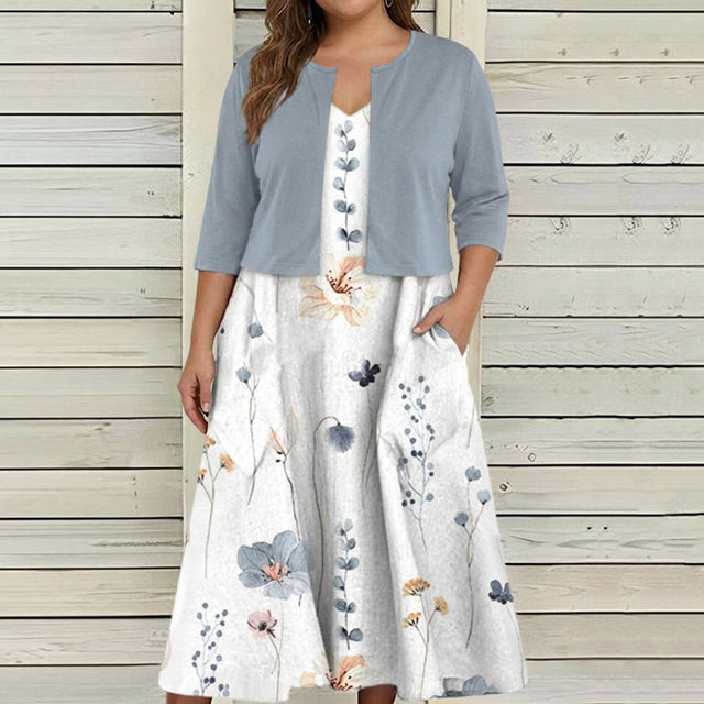 Floral Midi Dress for Women with Matching Cropped Jacket in White, front view