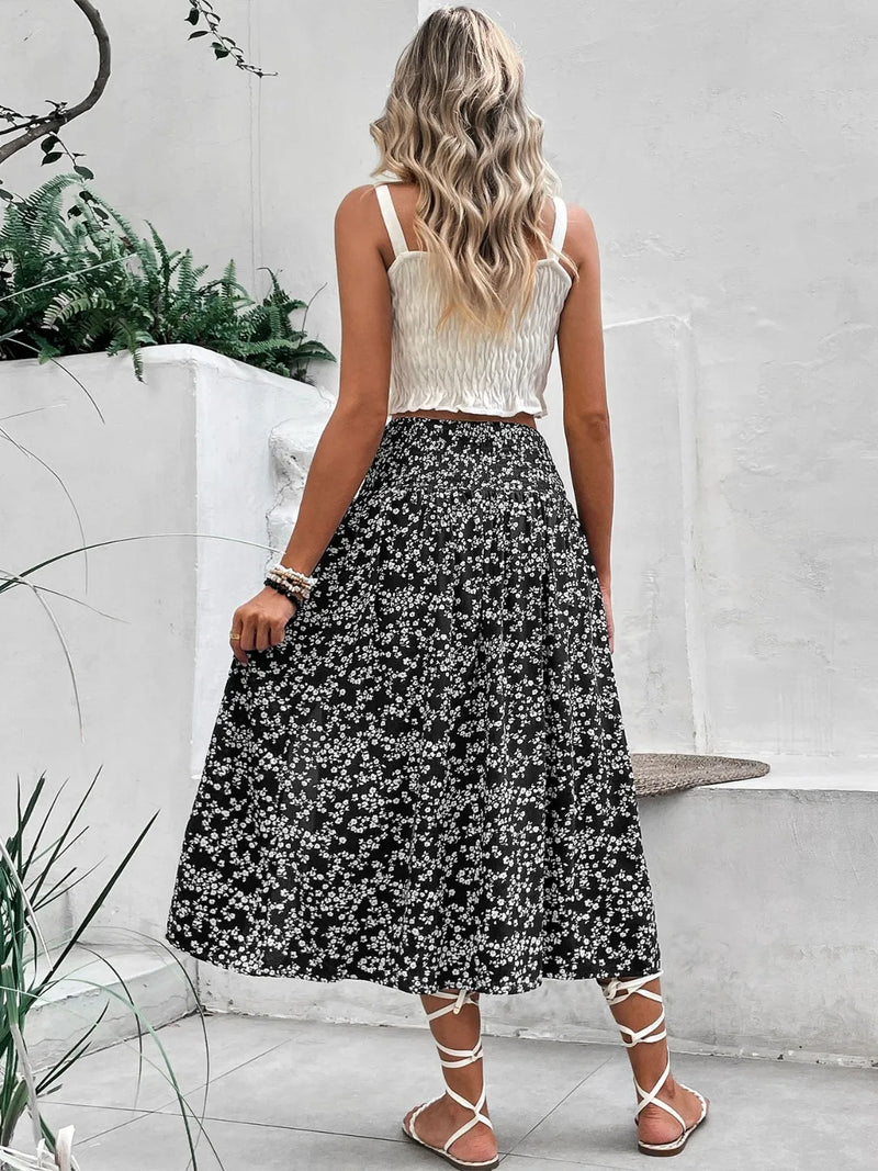 Floral Midi Skirt for Women with Smocked Waist and Front Slit in Black, back view