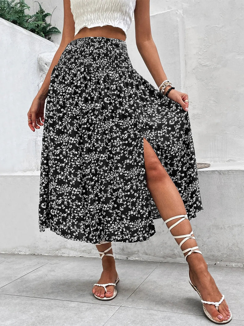 Floral Midi Skirt for Women with Smocked Waist and Front Slit in Black, front view