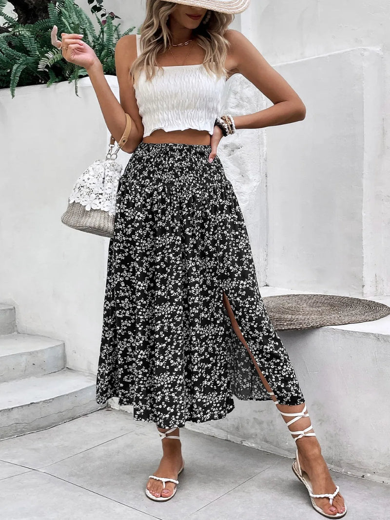 Floral Midi Skirt for Women with Smocked Waist and Front Slit in Black, full front view