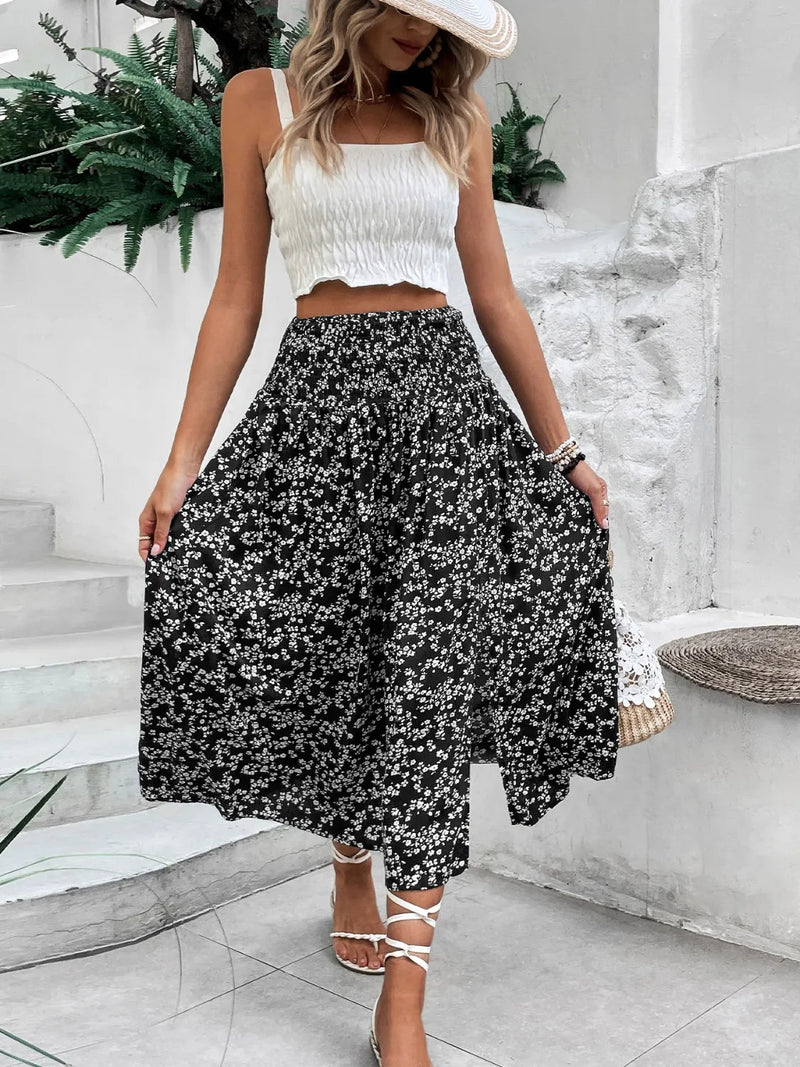 Floral Midi Skirt for Women with Smocked Waist and Front Slit in Black, twirl view