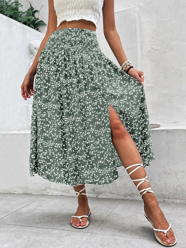 Floral Midi Skirt for Women with Smocked Waist and Front Slit in Sage Green, front view