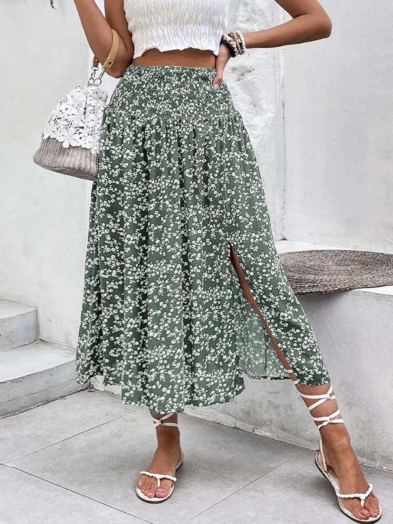 Floral Midi Skirt for Women with Smocked Waist and Front Slit in Sage Green, front view close