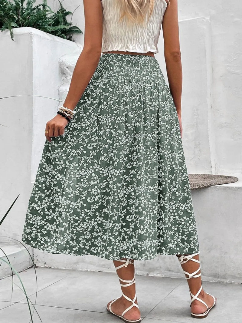 Floral Midi Skirt for Women with Smocked Waist and Front Slit in Sage Green, full front view