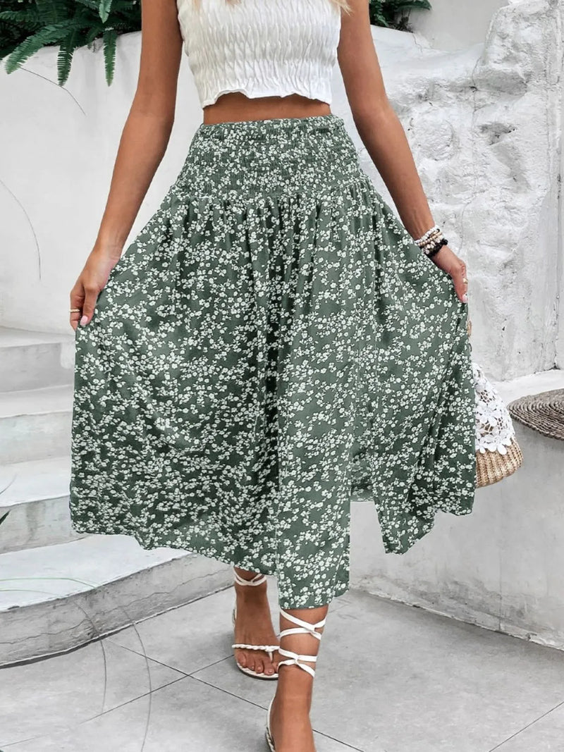 Floral Midi Skirt for Women with Smocked Waist and Front Slit in Sage Green, twirl view