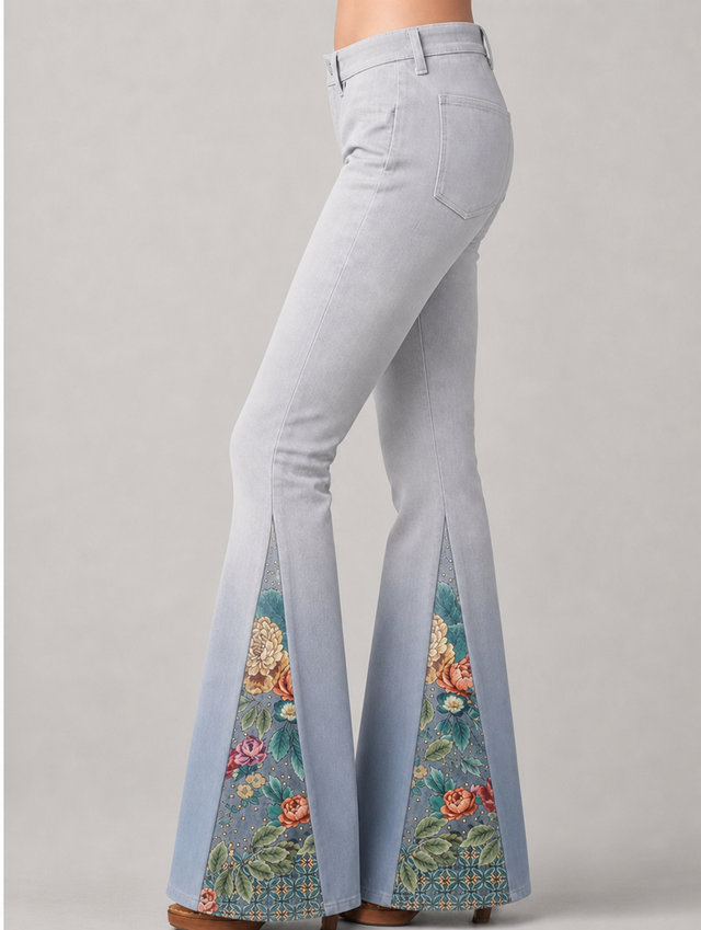 Flare Jeans for Women with Floral Print Panels and Ombre Wash in Blue, side view