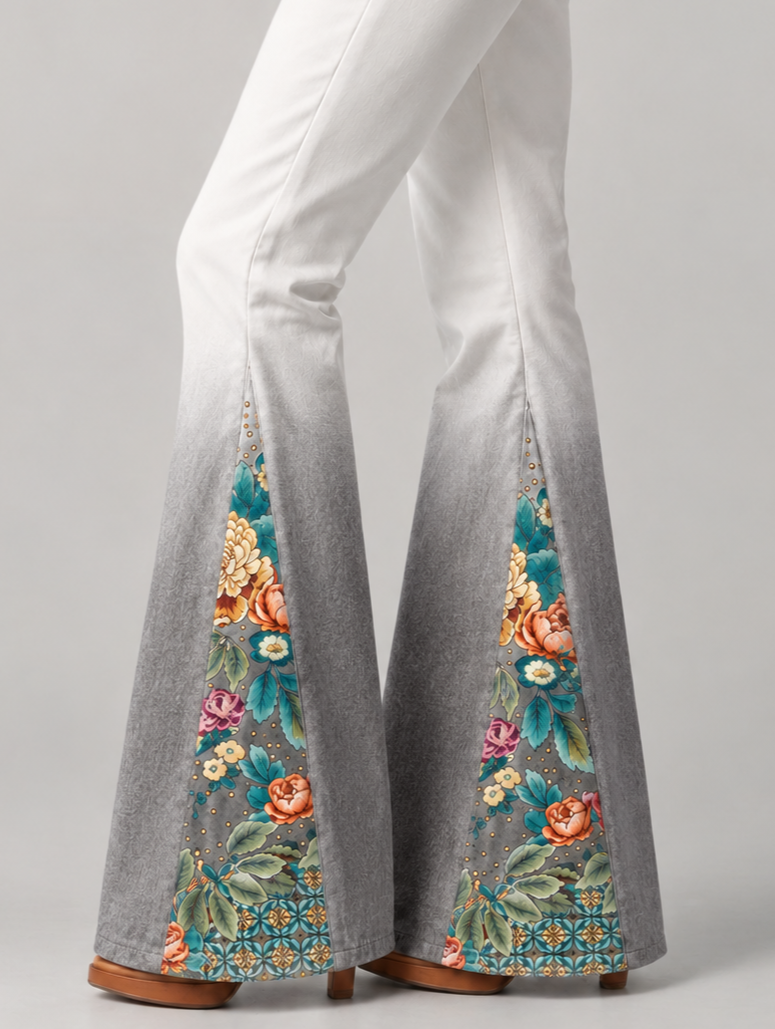 Flare Jeans for Women with Floral Print Panels and Ombre Wash in Grey, flare close-up