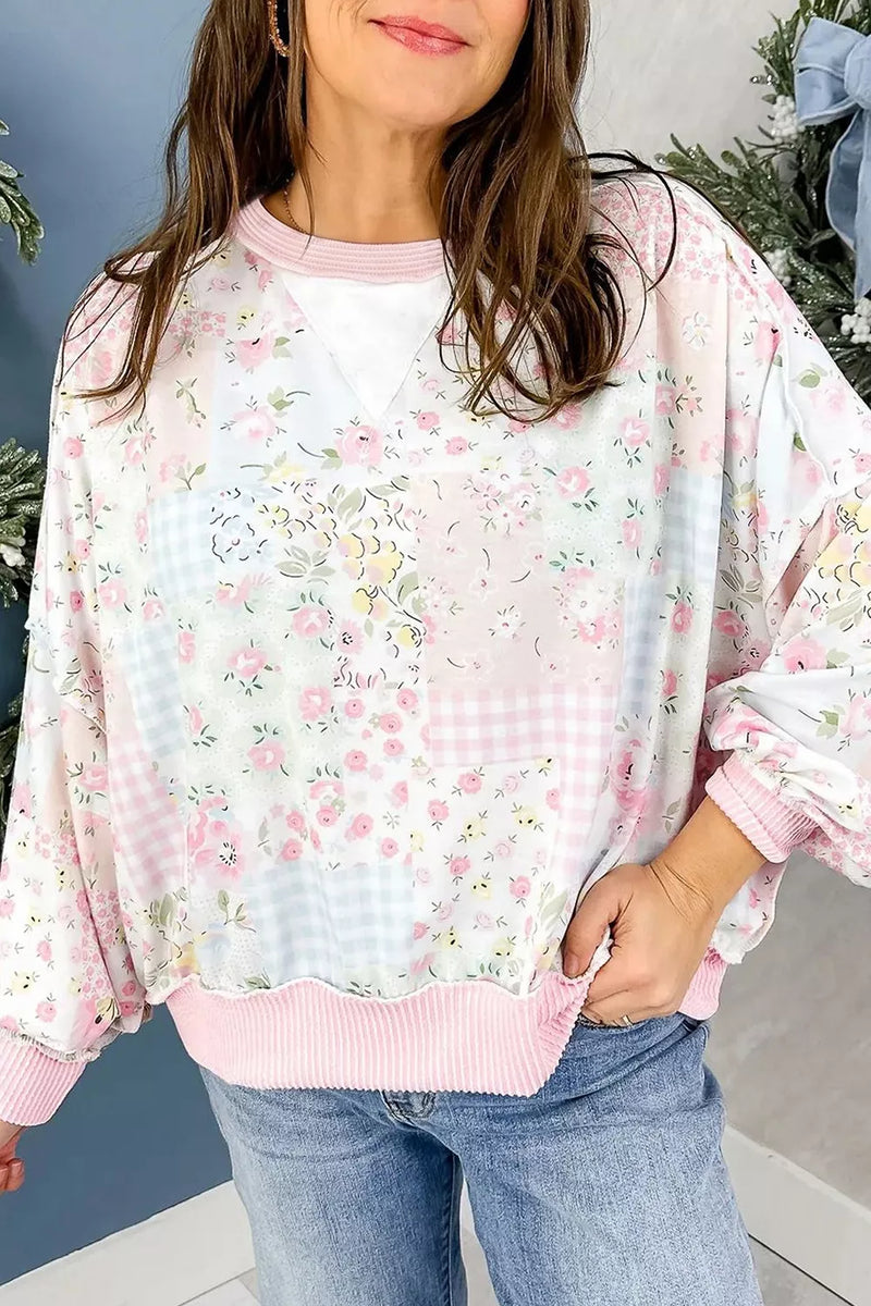 Long Sleeve Top for Women with Floral Patchwork Front and Ribbed Back in Blush Pink, front view 3