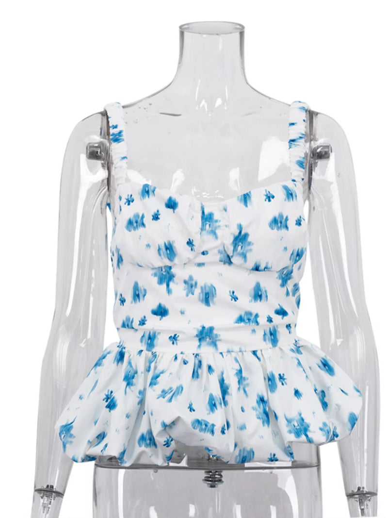 Floral Peplum Cami Top for Women with Sweetheart Neck and Bubble Hem in Blue Floral, mannequin front view