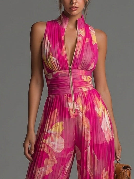Floral Pleated Chiffon Jumpsuit for Women with Deep V Neck and Front Zip in Fuchsia, close-up