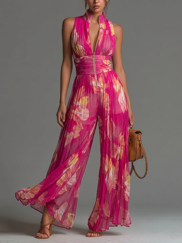 Floral Pleated Chiffon Jumpsuit for Women with Deep V Neck and Front Zip in Fuchsia, front view