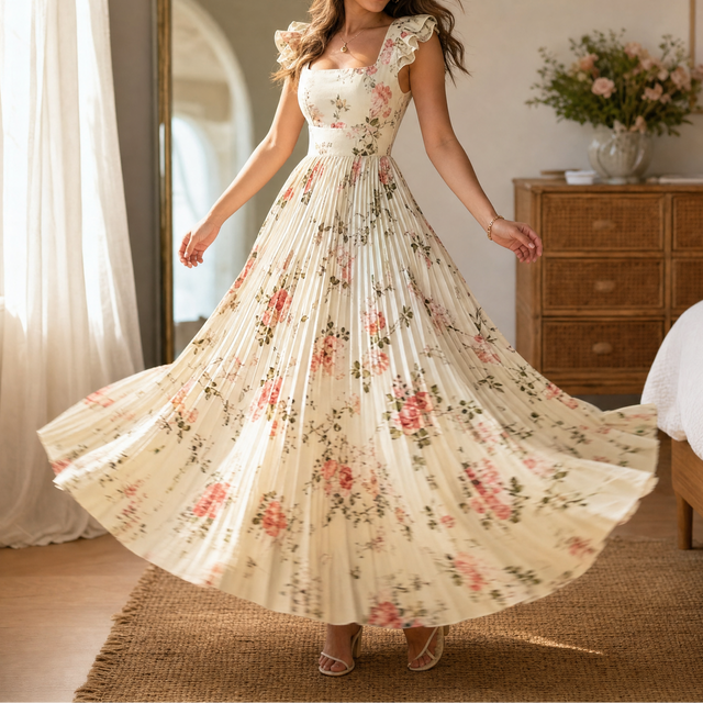 Floral Pleated Maxi Dress for Women with Square Neck and Ruffle Straps in Beige, front view