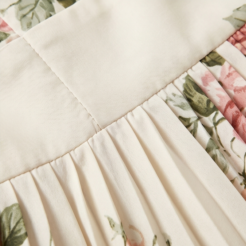 Floral Pleated Maxi Dress for Women with Square Neck and Ruffle Straps in Beige, waistband detail