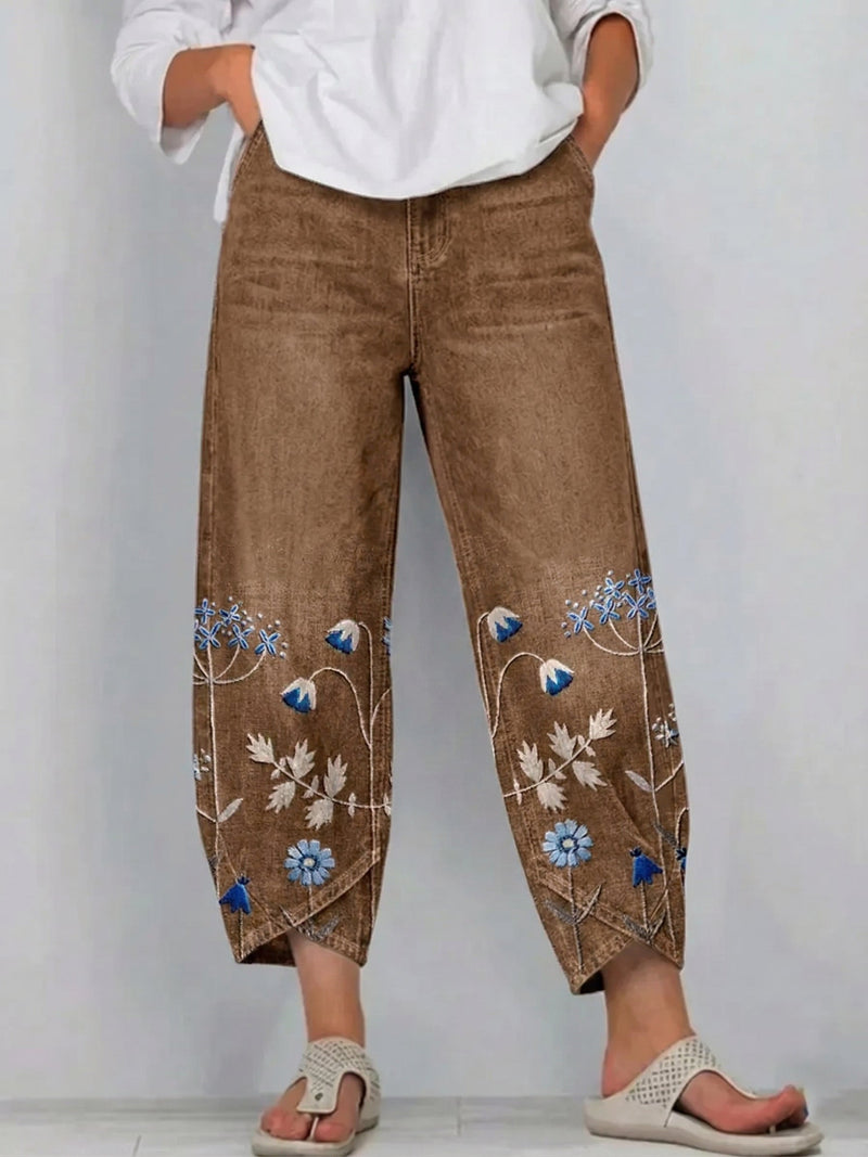 Floral Print Barrel Pants for Women with Tulip Hem and Side Pockets in Brown, front view