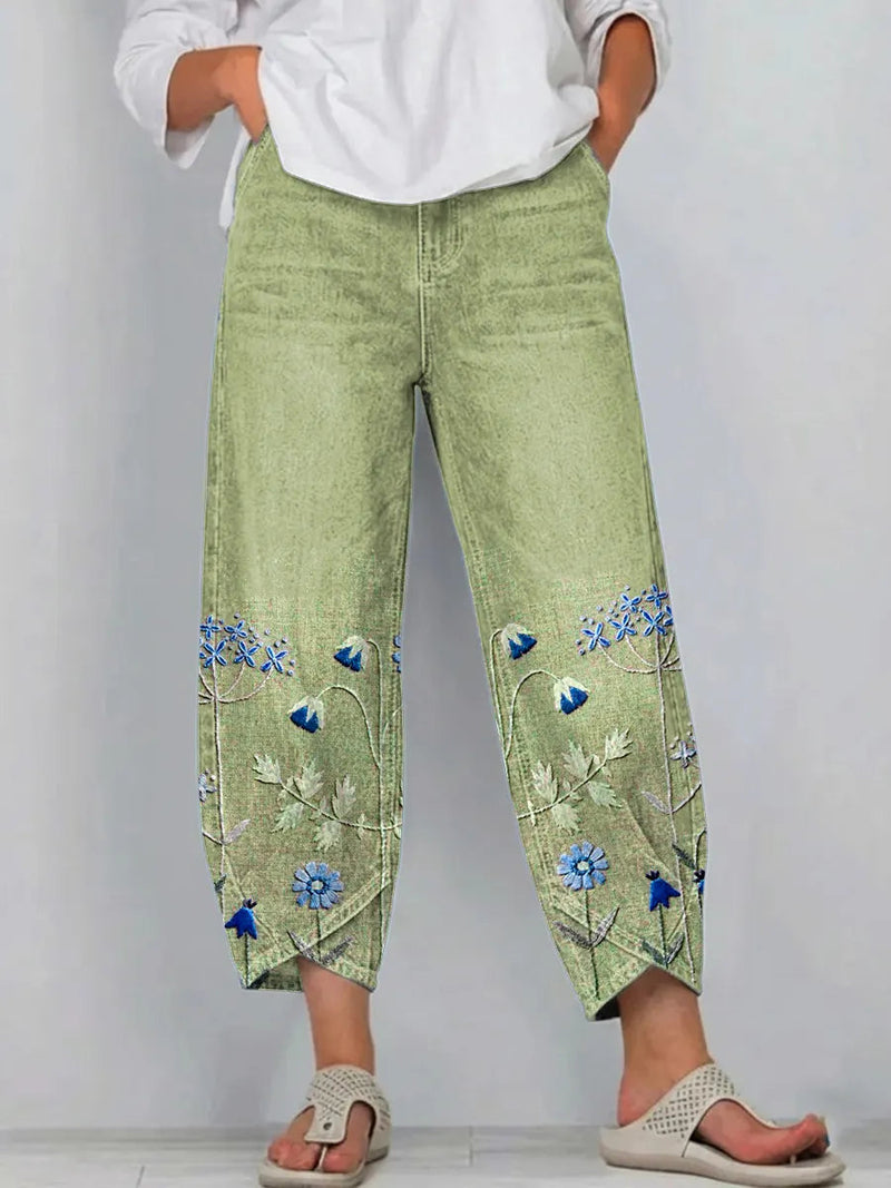 Floral Print Barrel Pants for Women with Tulip Hem and Side Pockets in Green, front view