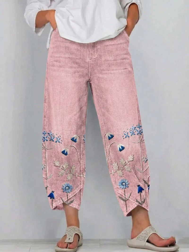 Floral Print Barrel Pants for Women with Tulip Hem and Side Pockets in Pink, front view