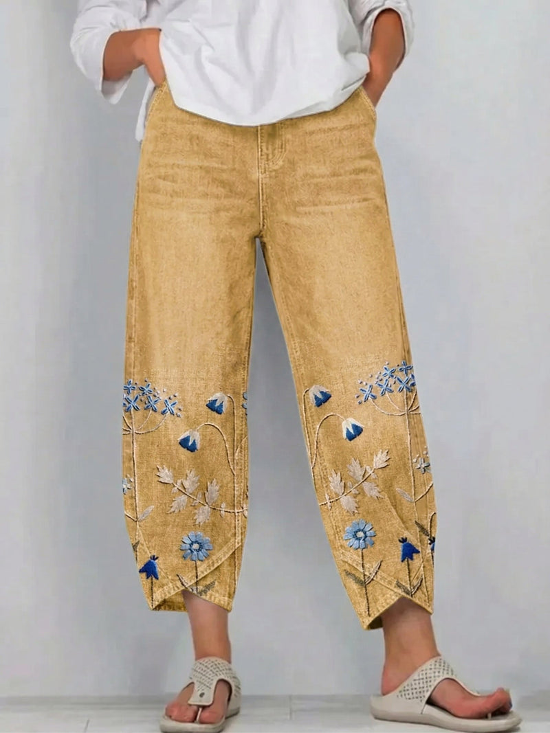 Floral Print Barrel Pants for Women with Tulip Hem and Side Pockets in Yellow, front view