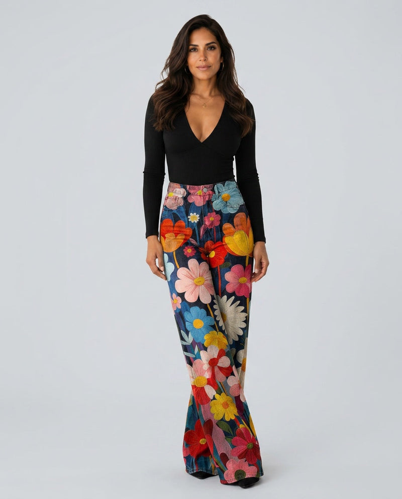 Floral Wide Leg Pants for Women with High Waist and Bold Flower Print in Multicolour, three-quarter view