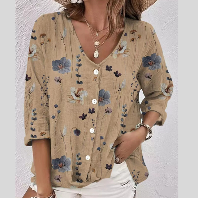Button-Up Blouse for Women with Floral Print and V-Neck in Khaki, front view