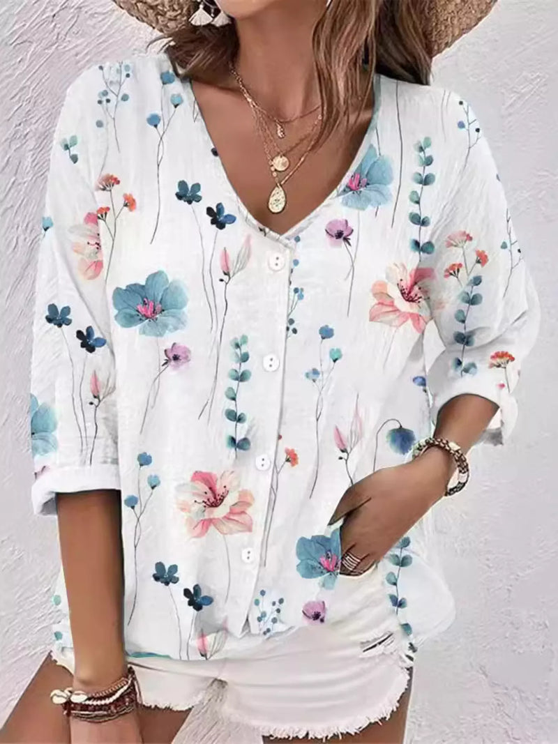 Button-Up Blouse for Women with Floral Print and V-Neck in White Blue, front view