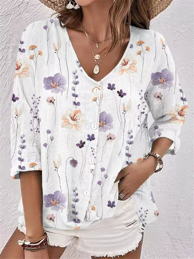 Button-Up Blouse for Women with Floral Print and V-Neck in White Lilac, front view