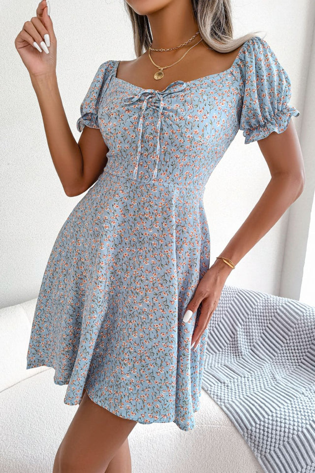 Floral Mini Dress for Women with Puff Sleeves and Drawstring Tie Front in Sky Blue, full front view