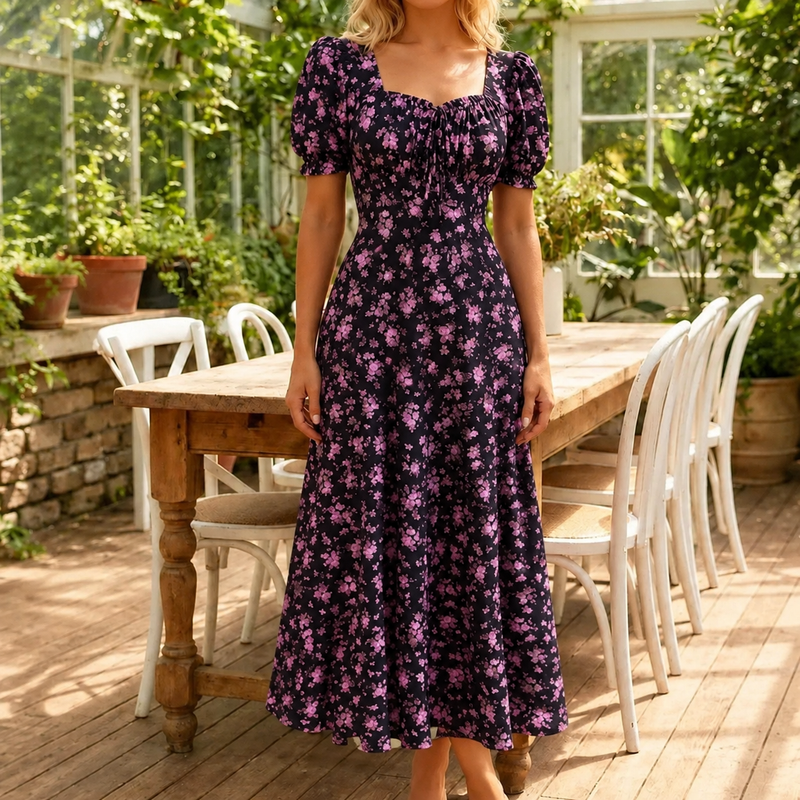 Floral Puff Sleeve Midi Dress for Women with Square Neck and Tie Front in Black, front view