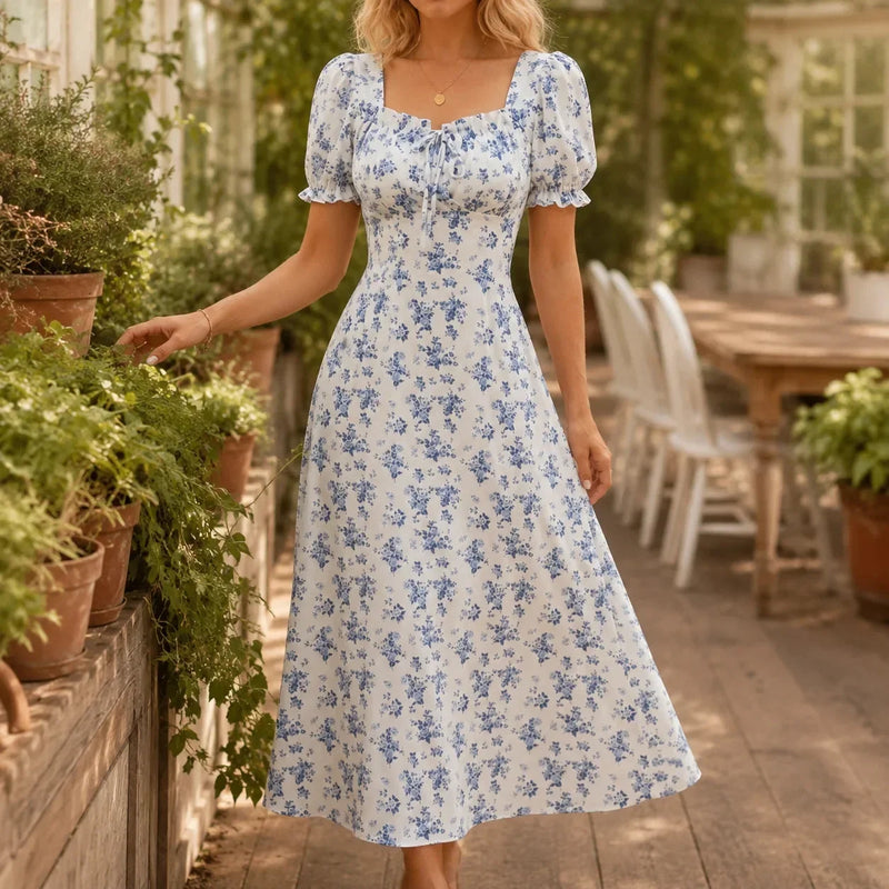 Floral Puff Sleeve Midi Dress for Women with Square Neck and Tie Front in White, angled front view