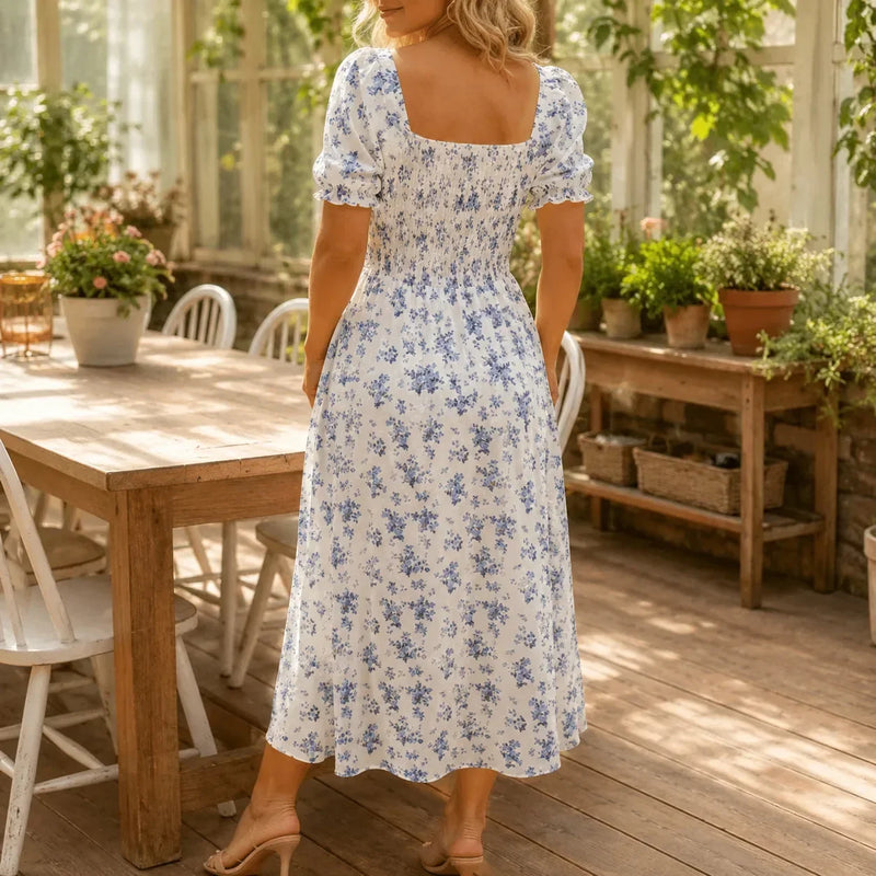 Floral Puff Sleeve Midi Dress for Women with Square Neck and Tie Front in White, back view