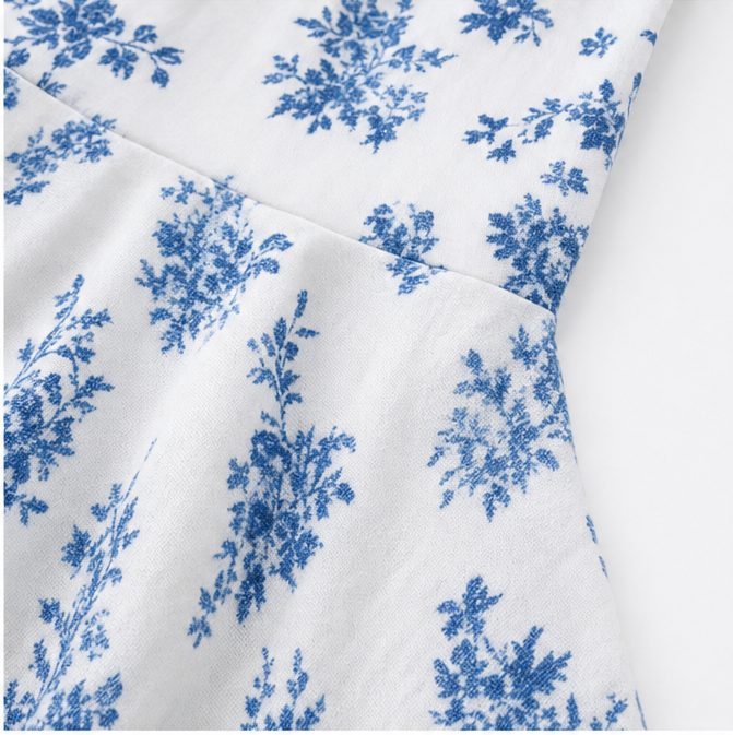 Floral Puff Sleeve Midi Dress for Women with Square Neck and Tie Front in White, fabric close-up