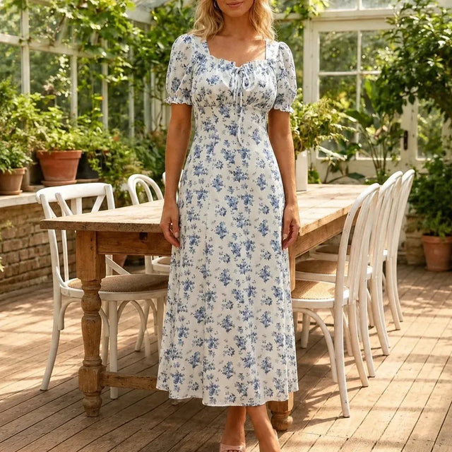 Floral Puff Sleeve Midi Dress for Women with Square Neck and Tie Front in White, front view