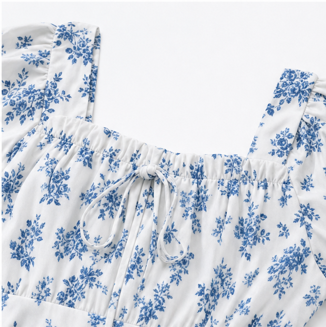 Floral Puff Sleeve Midi Dress for Women with Square Neck and Tie Front in White, neckline detail