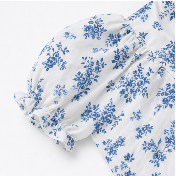 Floral Puff Sleeve Midi Dress for Women with Square Neck and Tie Front in White, sleeve detail